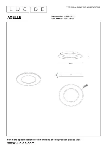 Lucide AXELLE - Plafonnier Intérieur/Extérieur - Ø 39,6 cm - LED Dim. - 1x24W 2700K - 3 StepDim - Blanc - TECHNISCH